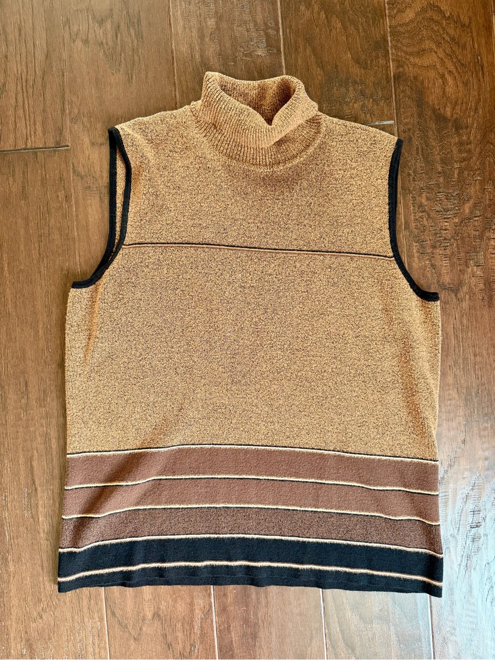Emma James Sleeveless Turtleneck Sleeveless Sweater in Tan, Brown and Black